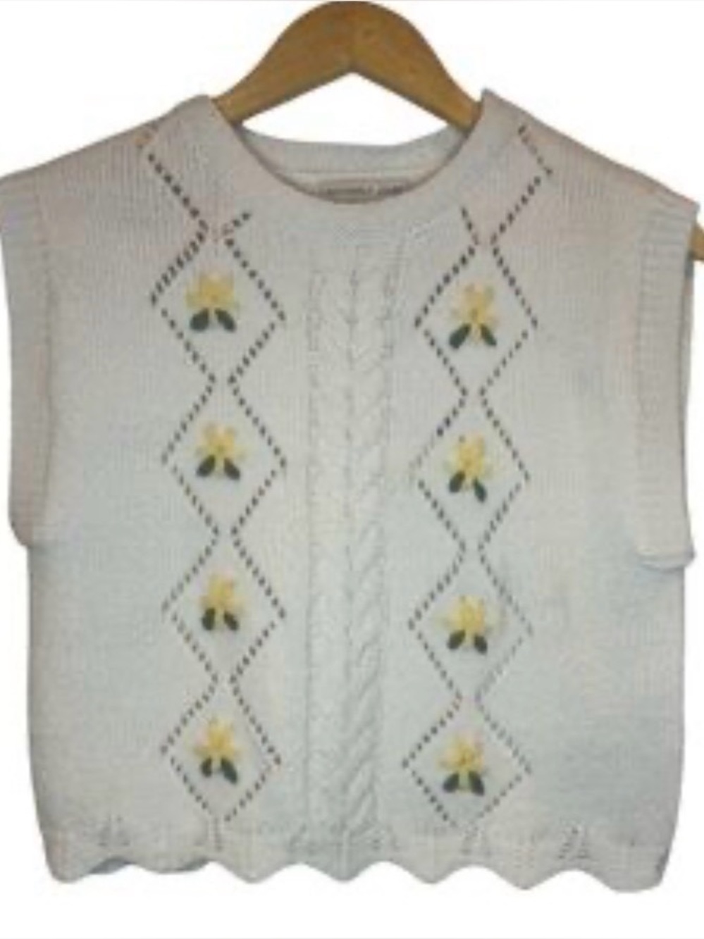 Sincerely Jules Cream Cable Knit Sweater Vest w/ Yellow Floral Embroidery – XS